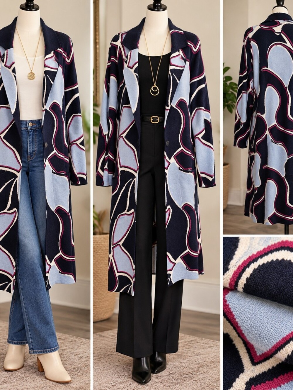 Liz Claiborne Long Cardigan Sweater Geometric Abstract Print L NWT